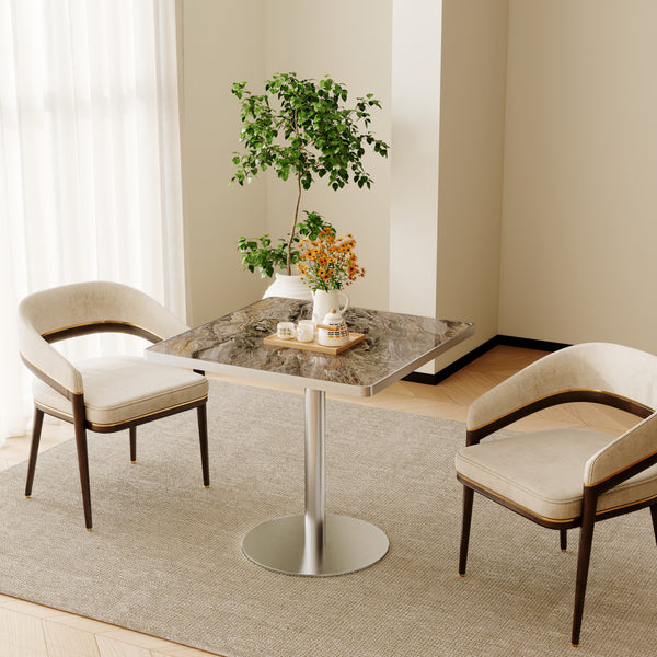 Square Bistro Dining Table 31.5" Sintered Stone Top Metal Pedestal Base